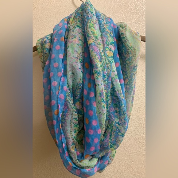 Floral Polka Dot Infinity Scarf Blue Pink Green Flowers Cottagecore Easter - Picture 1 of 8